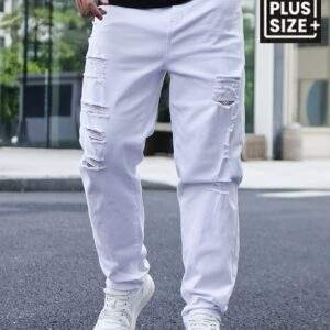 Men’s Basics Ripped Jeans – Cotton Blend, Medium Stretch, Solid Color, Regular Fit, All-Season, Plus Size