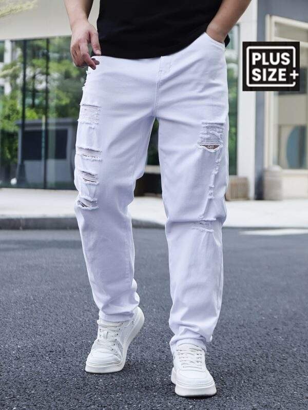 Men’s Basics Ripped Jeans – Cotton Blend, Medium Stretch, Solid Color, Regular Fit, All-Season, Plus Size