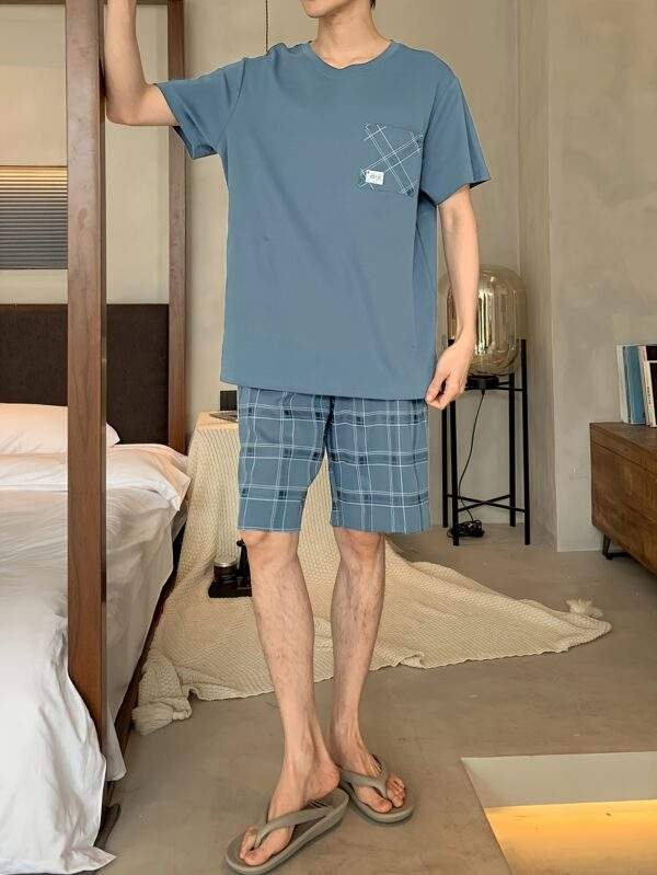 Men's Cotton Casual 2 Piece Pajama Set, Thin Short Sleeve Lounge Wear & Shorts, Fashionable Comfy Home Wear Set - Image 5
