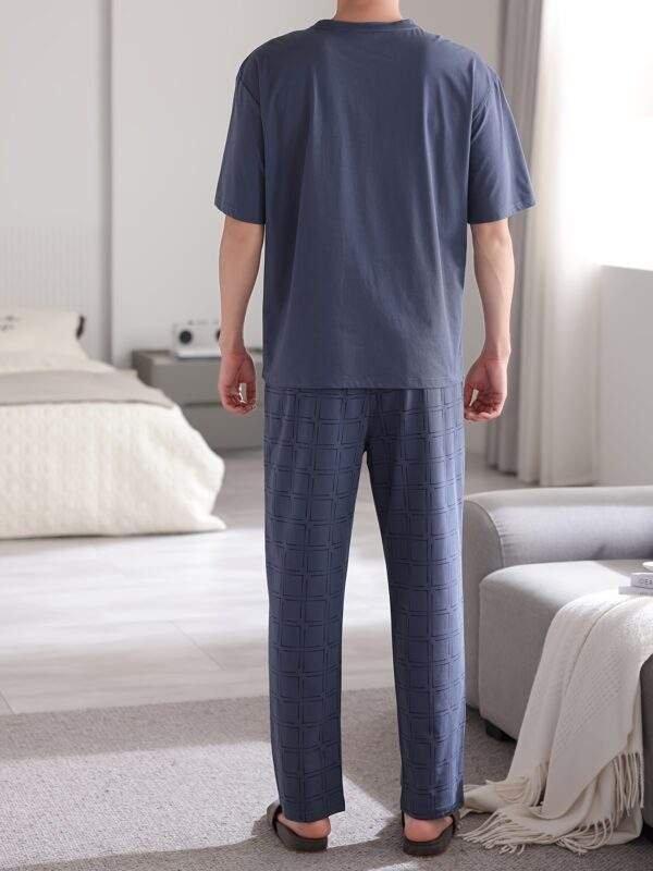 Men'S Summer Cotton Pajama Set, Casual Crew Neck Short Sleeve Long Pants with Pocket, Knit Fabric, Regular Fit, Slight Stretch, Solid Color, No Belt, Home Wear - Large Size - Image 6