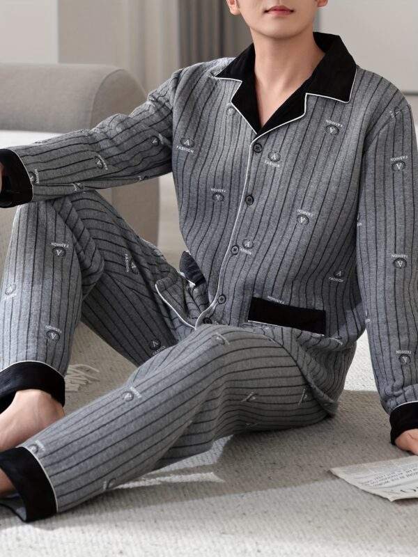 Men'S Casual Cotton Pajama Set with Lapel Collar, Geometric-Pattern, Long Sleeve, Loose Fit, Slight Stretch, Knit Fabric, Winter Warm Thickened, Triple-Layer Cotton Lined Sleepwear with Pockets - Image 2