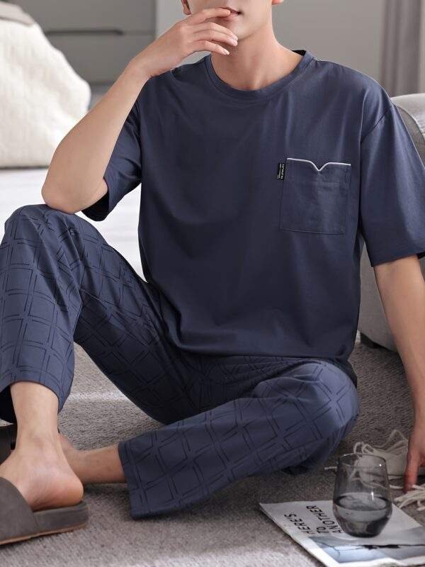 Men'S Summer Cotton Pajama Set, Casual Crew Neck Short Sleeve Long Pants with Pocket, Knit Fabric, Regular Fit, Slight Stretch, Solid Color, No Belt, Home Wear - Large Size - Image 3