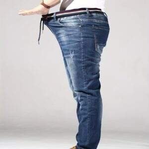 Men’s Plus Size Slim Fit Jeans – Stretch Cotton Blend, Ribbed Waistband, Belt Detail, All-Season Denim Pants, PLUS SIZE