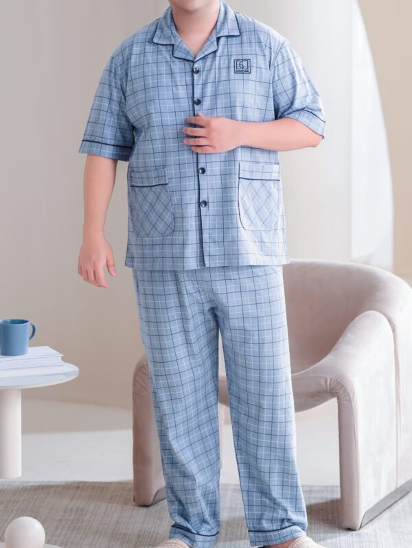Plus Size Men's 100% Cotton Lapel Cardigan Short Sleeve Long Pants Loungewear, Soft Comfortable Breathable Home Wear, Fits Up to 154.22 KG, PLUS SIZE - Image 4