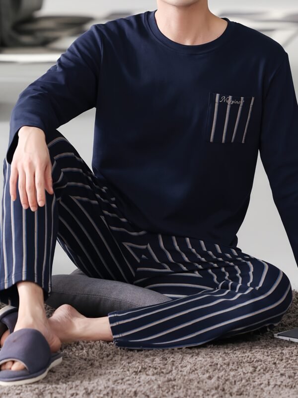 Men's Navy Blue Cotton Pajama Set - Long Sleeve, Crew Neck with Chest Pocket & Striped Elastic Waist Pants, Casual Comfortable Loungewear for Spring/Autumn, Plus Size Available, Plus Size Pajama Set - Image 2