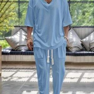 Summer Men'S Cotton Two-Piece V-Neck Short-Sleeved Top Trousers Set Casual Beach Suit