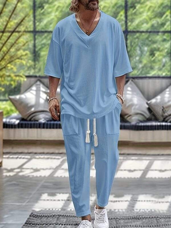 Summer Men'S Cotton Two-Piece V-Neck Short-Sleeved Top Trousers Set Casual Beach Suit