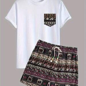 1 Set Boho Tribal Print Cotton T-Shirt and Shorts, Crew Neck Loose Fit with Slight Stretch, Casual Drawstring Bottoms, Knit Fabric, Spring Season Outfit