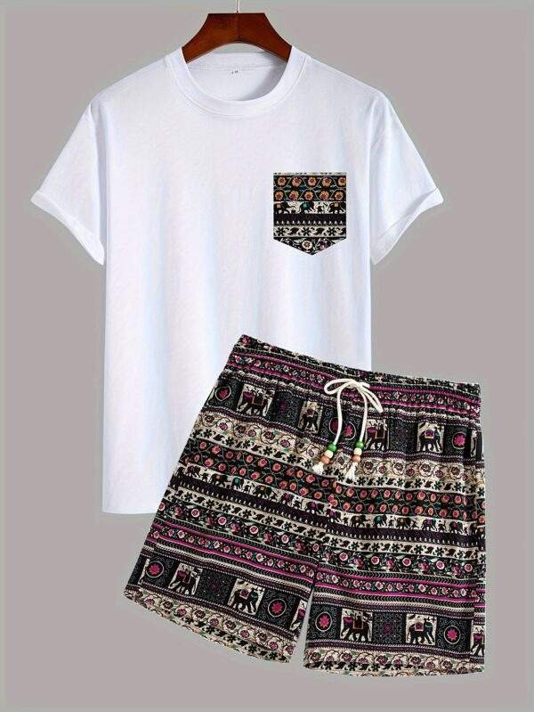 1 Set Boho Tribal Print Cotton T-Shirt and Shorts, Crew Neck Loose Fit with Slight Stretch, Casual Drawstring Bottoms, Knit Fabric, Spring Season Outfit