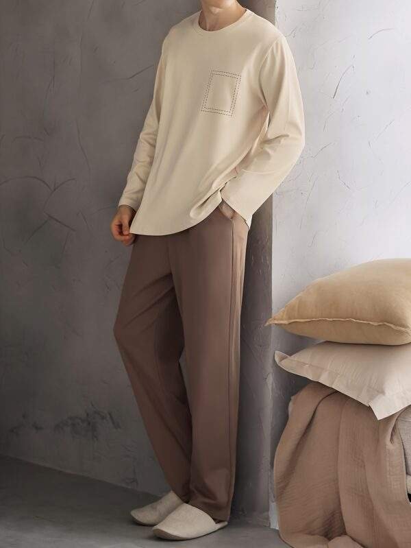 Men's Cotton Sleepwear Set - Casual Crew Neck Long Sleeve Pajama with Pockets - Geometric Pattern Knit Fabric Lounge Set for Spring/Fall - 100% Cotton Comfortable PJ Set with Slight Stretch - Image 2
