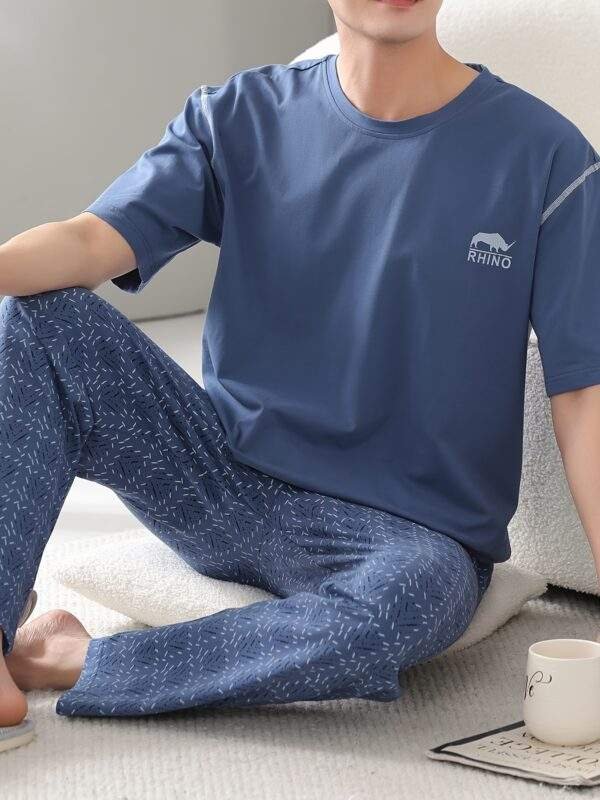 Men's Summer Cotton Pajama Set - Lightweight, Breathable Short Sleeve & Long Pants with Pockets, Casual Round Neck Sleepwear, Plus Size, Home Wear - Image 4