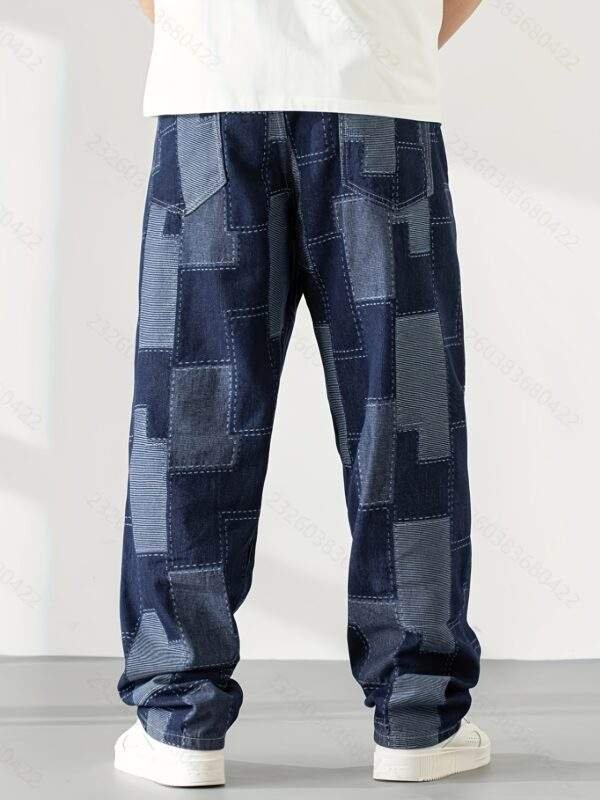 Men’s Plus Size Geometric Denim Jeans – Casual Straight-Leg, Button Closure, Pockets, Non-Stretch Fabric for Golf & Everyday Wear (Spring-Summer-Fall) - Image 2