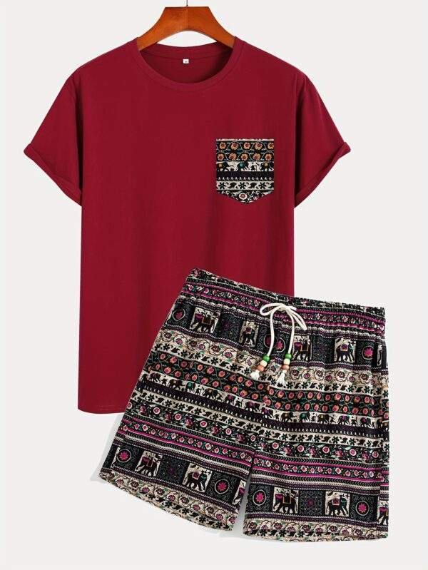 1 Set Boho Tribal Print Cotton T-Shirt and Shorts, Crew Neck Loose Fit with Slight Stretch, Casual Drawstring Bottoms, Knit Fabric, Spring Season Outfit - Image 6