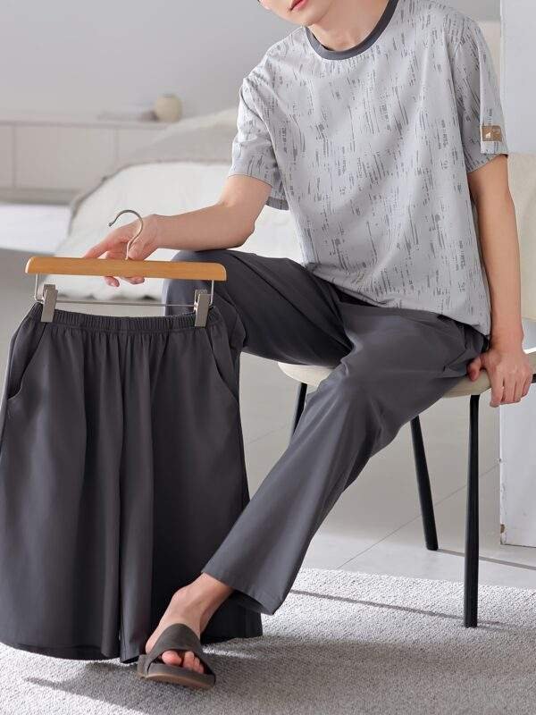 Men'S Sleepwear Set for Spring And Summer, Featuring a Pure Cotton Short-Sleeve Top And Long Pants, Designed As a Simple Plus-Size Homewear Set. - Image 2