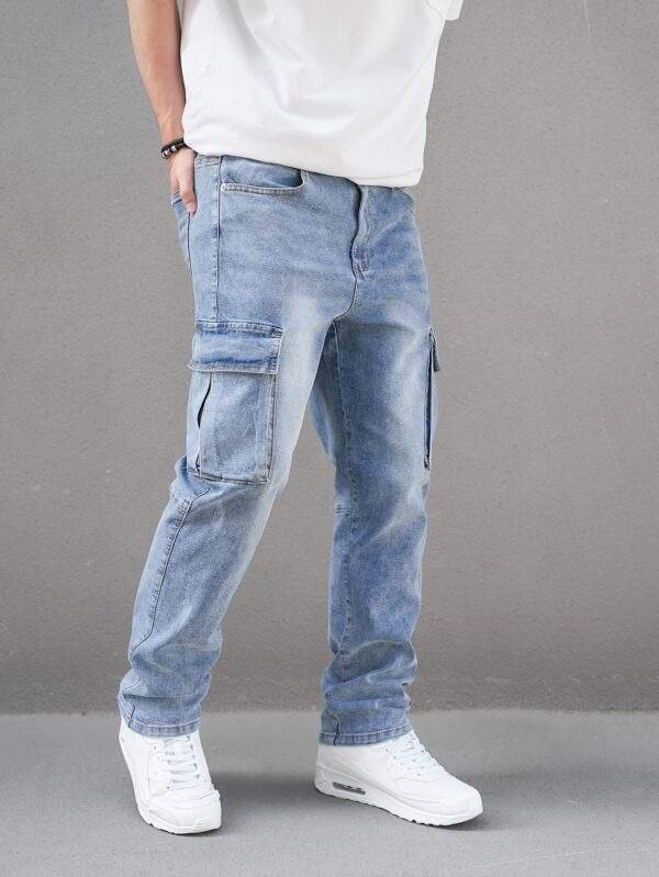 Men’s Plus Size Cargo Jeans – Stretch Denim, Slim Fit, Washed Blue, Pockets, Fall/Winter Casual Wear - Image 7