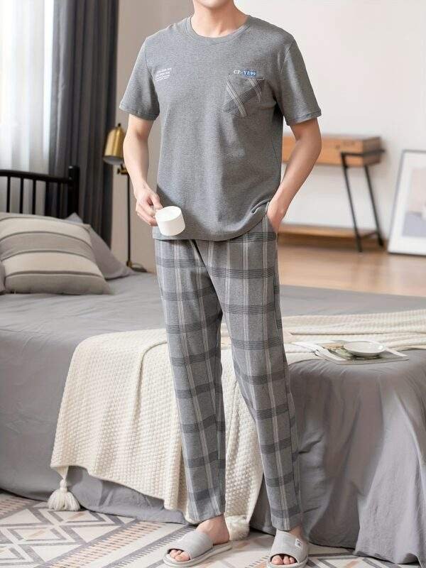 Men'S Summer Pajamas Made of Pure Cotton, Featuring Short Sleeves And Long Pants, Lightweight And Available in Plus Sizes for Young Adults. - Image 5