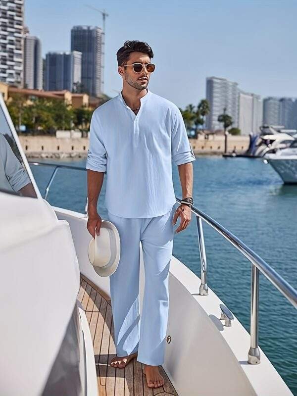 Men'S 2pcs Cotton Sweatsuit Set Casual Henley Long Sleeve Shirt and Beach Trousers with Pockets Yoga Outfit Solid Color Non-Stretch Woven Fabric Spring/Fall Button Details Regular Fit - Image 2