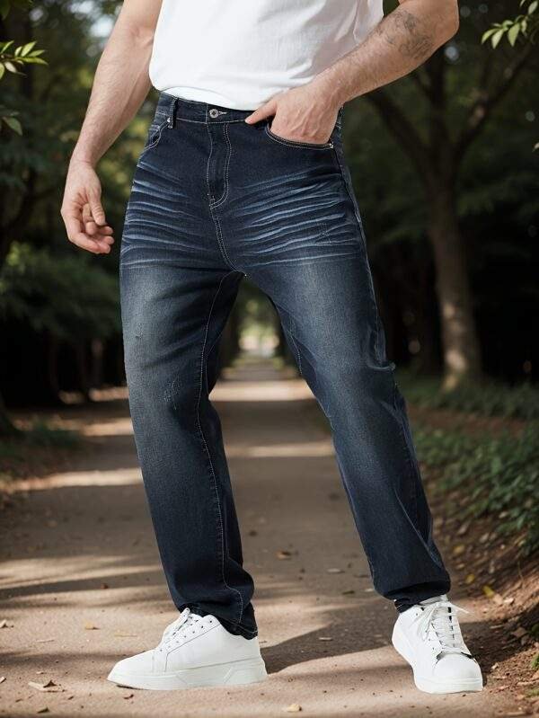 Men’s Plus Size Casual Denim Jeans – High Stretch, Solid Color, Long Length, Regular Fit, All-Season - Image 3