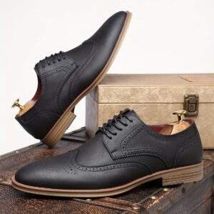 Men’s Vintage Business Casual Shoes – Solid Color Lace-Up with Rubber Sole