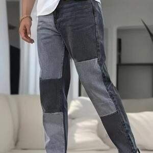 Men’s Plus Size Patchwork Denim Jeans – Casual Skinny Fit, Color Block Design, Stretchy Slimming, Zipper Fly, All-Season, PLUS SIZE