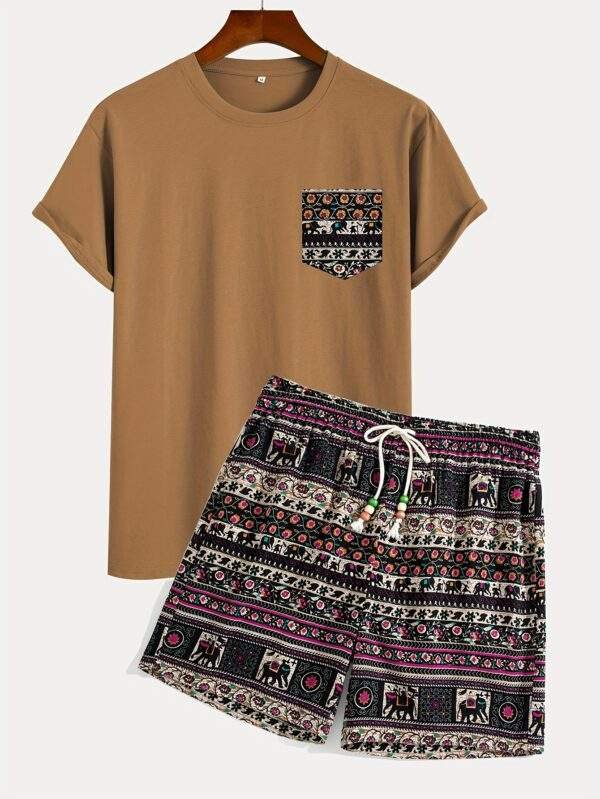 1 Set Boho Tribal Print Cotton T-Shirt and Shorts, Crew Neck Loose Fit with Slight Stretch, Casual Drawstring Bottoms, Knit Fabric, Spring Season Outfit - Image 3