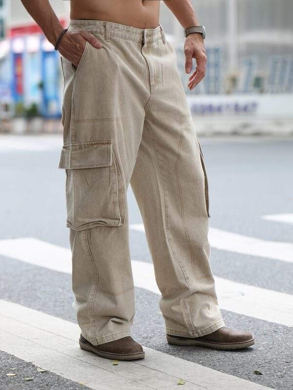 Plus Size Men’s Solid Color Loose Straight Denim Jeans with Side Pockets – Washed Work Style - Image 5