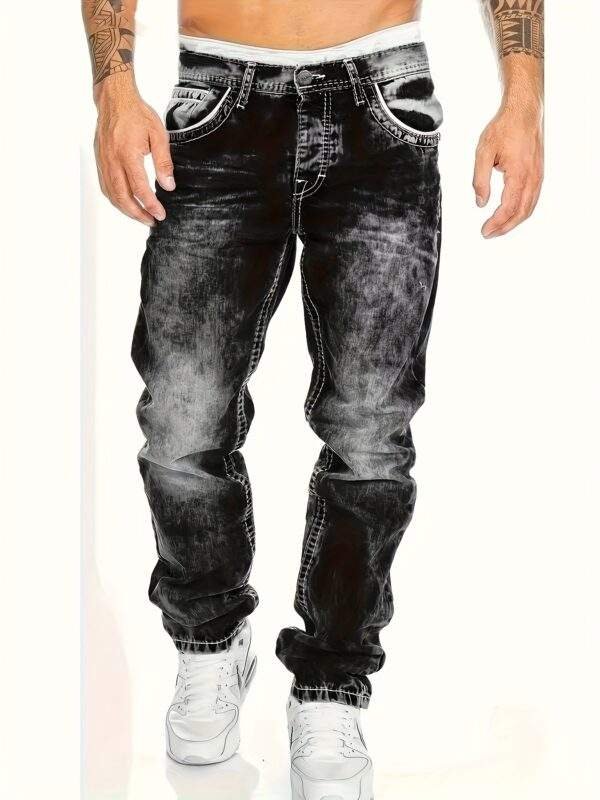 Men's Washed Elastic Jeans – American Style, Fashionable Straight Fit for All Seasons - Image 2