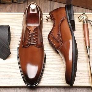 Men’s Solid Cowhide Derby Shoes – Plain Toe Lace-Up Dress Shoes with Non-Slip Sole