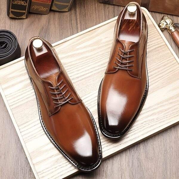 Men’s Solid Cowhide Derby Shoes – Plain Toe Lace-Up Dress Shoes with Non-Slip Sole - Image 6