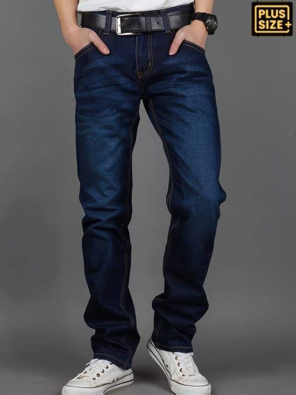Plus-Size Men’s Stretchy Denim Pants – Comfortable Loose Straight Casual Trousers with Back Pockets & Flaps, All-Season, Plus Size - Image 4