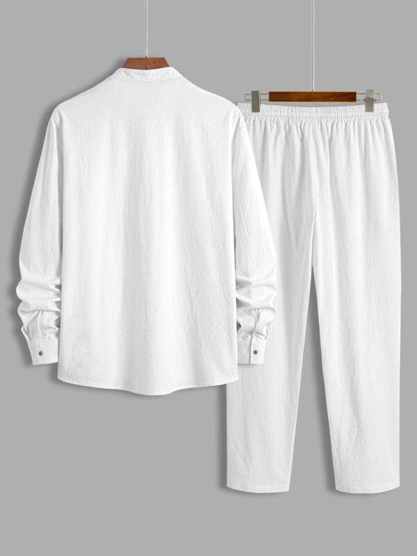 Men's Fashion Classic Solid Color Cotton Breathable Material Pants with Side Pockets and Drawstring Contrast Color Top with V-neck and Hidden Placket Design Suitable for Daily Casual Fashion Simple Outing Street Trend Spring and Autumn New Long Sleeve Two-piece Set - Image 2
