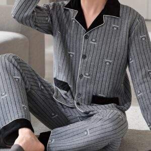 Men'S Casual Cotton Pajama Set with Lapel Collar, Geometric-Pattern, Long Sleeve, Loose Fit, Slight Stretch, Knit Fabric, Winter Warm Thickened, Triple-Layer Cotton Lined Sleepwear with Pockets