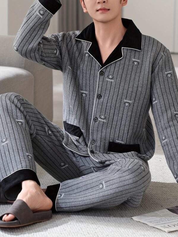 Men'S Casual Cotton Pajama Set with Lapel Collar, Geometric-Pattern, Long Sleeve, Loose Fit, Slight Stretch, Knit Fabric, Winter Warm Thickened, Triple-Layer Cotton Lined Sleepwear with Pockets
