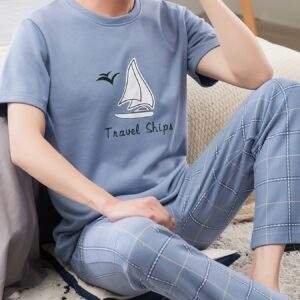 Men's Summer Cotton Pajama Set - Casual & Comfy Short Sleeve Tee with Long Pants, Breathable Lightweight Sleepwear