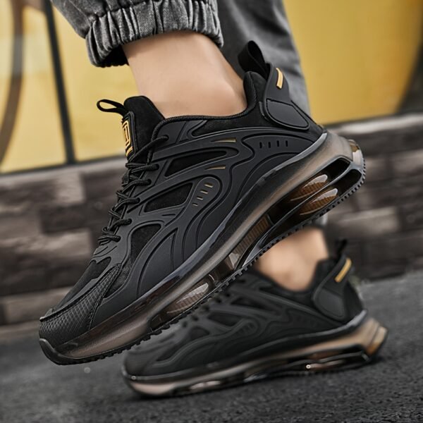 Men's Breathable High-Elasticity Shock-Absorbing Casual Sneakers - Lightweight Low-Top Outdoor Running Shoes with Cushioned EVA Sole, Durable PU Upper & Fabric Lining for Hiking, Daily Wear (Black/Golden Accents) - Image 6