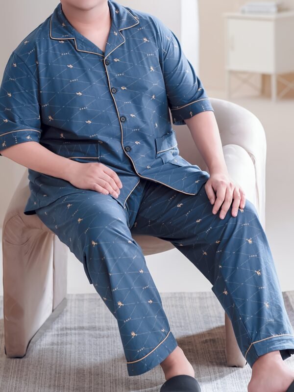 Plus Size Men's 100% Cotton Lapel Cardigan Short Sleeve Long Pants Loungewear, Soft Comfortable Breathable Home Wear, Fits Up to 154.22 KG, PLUS SIZE - Image 3