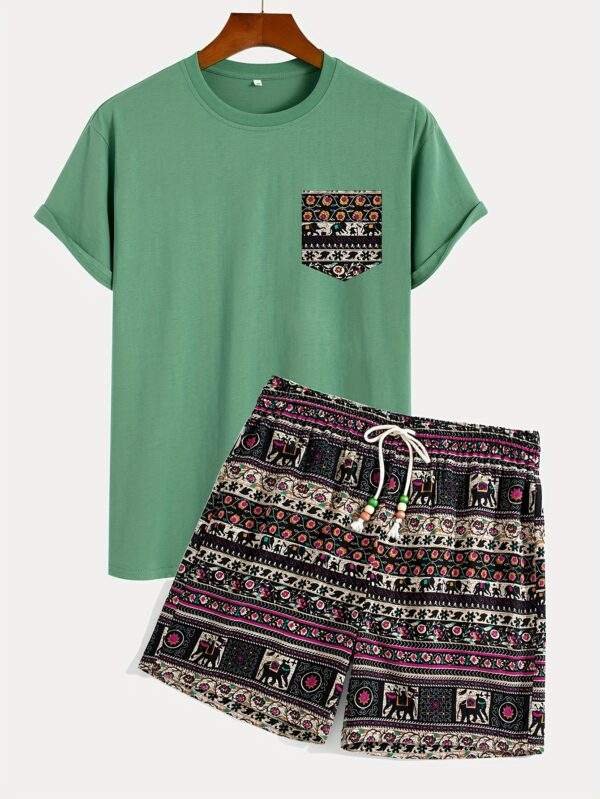 1 Set Boho Tribal Print Cotton T-Shirt and Shorts, Crew Neck Loose Fit with Slight Stretch, Casual Drawstring Bottoms, Knit Fabric, Spring Season Outfit - Image 4