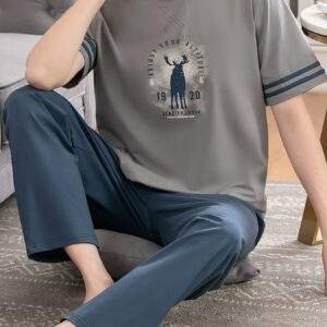 Summer Men's Pajamas Pure Cotton Short Sleeve Long Pants Slim Fit Plus Size Youth Loose Home Wear Set