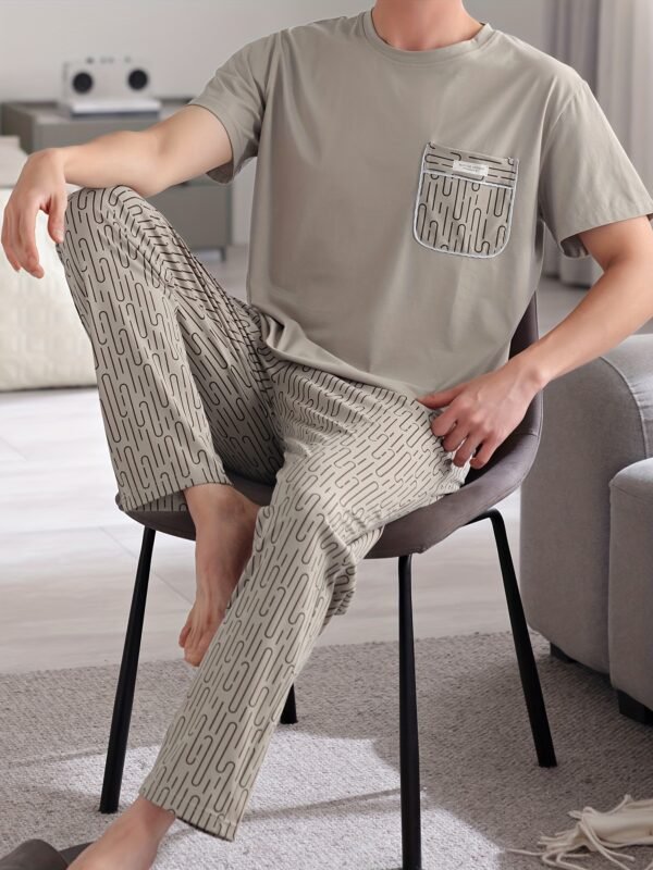 Men's Lightweight Cotton Pajama Set - Casual Solid Color Short Sleeve Tee & Pants, Breathable Summer Sleepwear with Pockets - Image 3