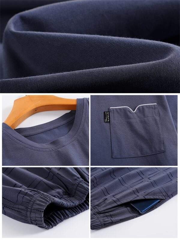 Men'S Summer Cotton Pajama Set, Casual Crew Neck Short Sleeve Long Pants with Pocket, Knit Fabric, Regular Fit, Slight Stretch, Solid Color, No Belt, Home Wear - Large Size - Image 7