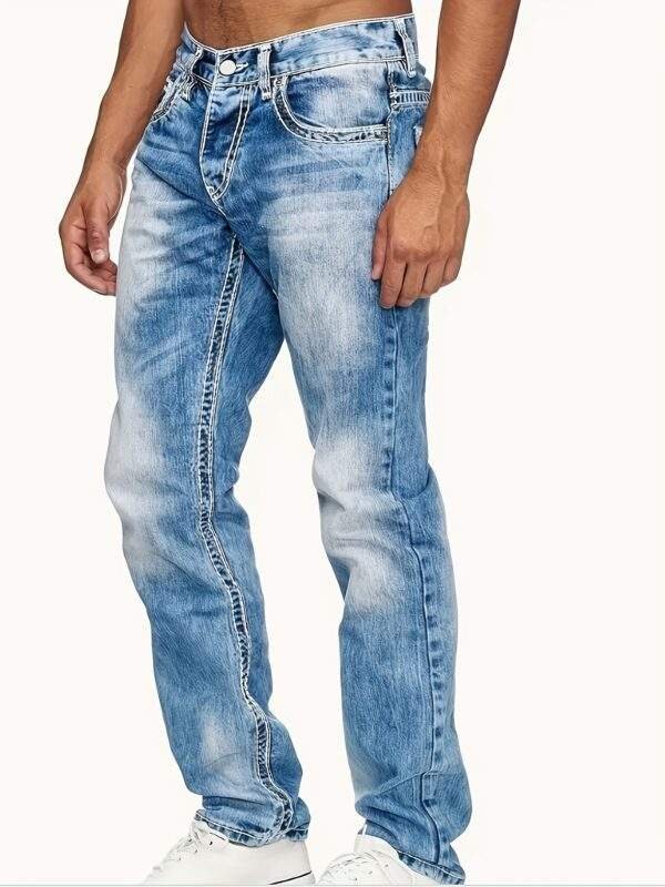 Plus Size Men's Fashion Stretch Jeans – Embroidered Blue Denim with Pockets, Casual & Comfortable, Machine Washable, PLUS SIZE