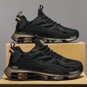Men's Breathable High-Elasticity Shock-Absorbing Casual Sneakers - Lightweight Low-Top Outdoor Running Shoes with Cushioned EVA Sole, Durable PU Upper & Fabric Lining for Hiking, Daily Wear (Black/Golden Accents)