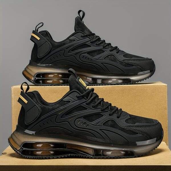 Men's Breathable High-Elasticity Shock-Absorbing Casual Sneakers - Lightweight Low-Top Outdoor Running Shoes with Cushioned EVA Sole, Durable PU Upper & Fabric Lining for Hiking, Daily Wear (Black/Golden Accents)