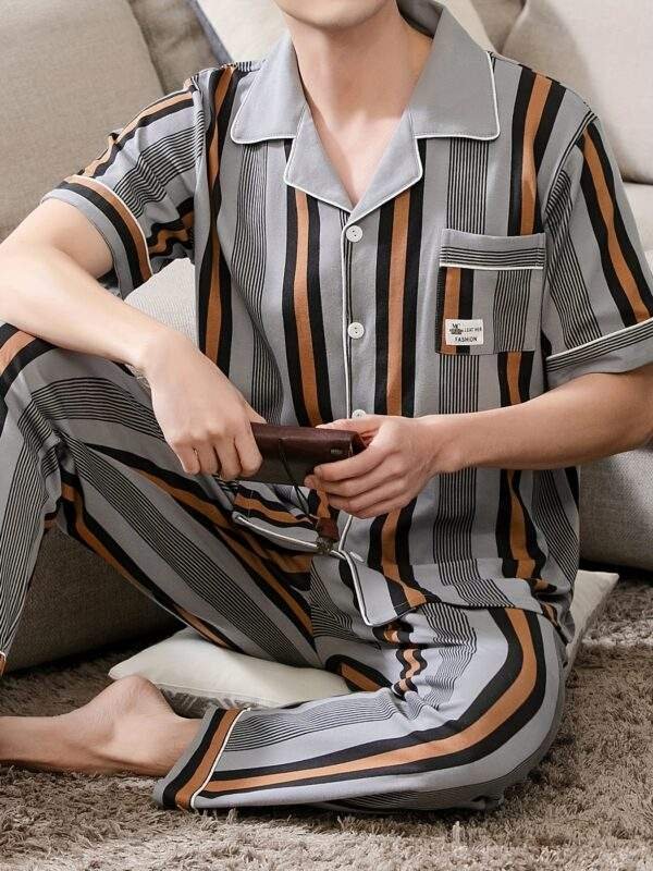 Men's Cotton Pajama Set - Striped Short Sleeve & Long Pants, Lightweight Summer Sleepwear with Lapel Collar and Pockets - Image 3