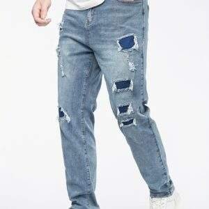 Men’s Plus Size Skinny Denim Jeans – Casual Fit with Pockets, Ripped Design, Medium Stretch Fabric, All-Season Solid Color