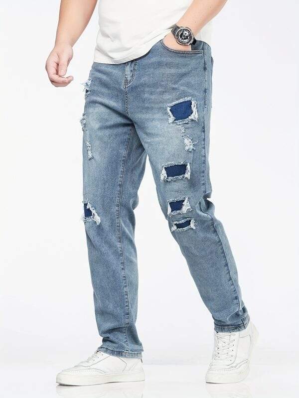 Men’s Plus Size Skinny Denim Jeans – Casual Fit with Pockets, Ripped Design, Medium Stretch Fabric, All-Season Solid Color