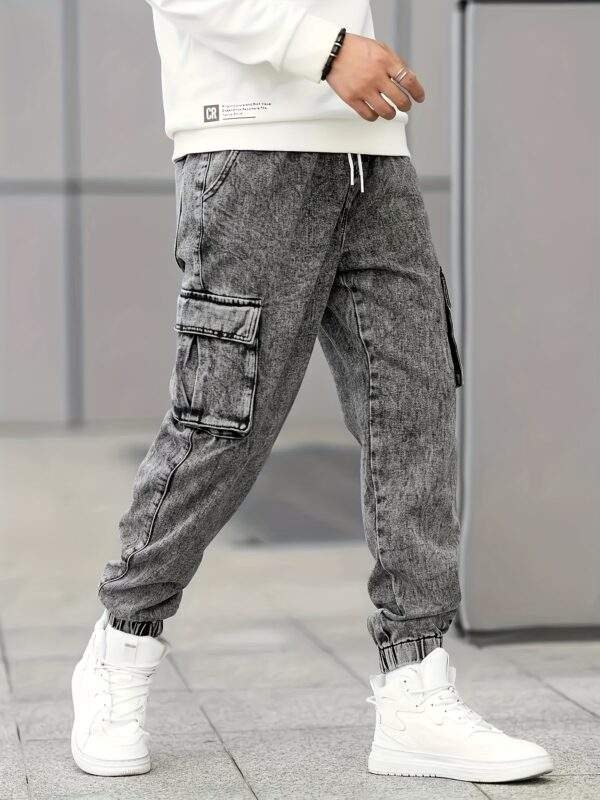 Men’s Slim Fit Cargo Jeans – Stylish Gray Denim, Multi-Pocket, Durable Cotton-Polyester Blend, All-Season - Image 5