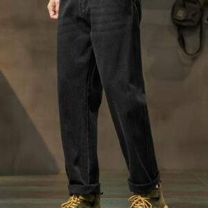 Men’s High-Waisted Black Jeans – Loose Fit Washed Denim for Casual All-Season Wear