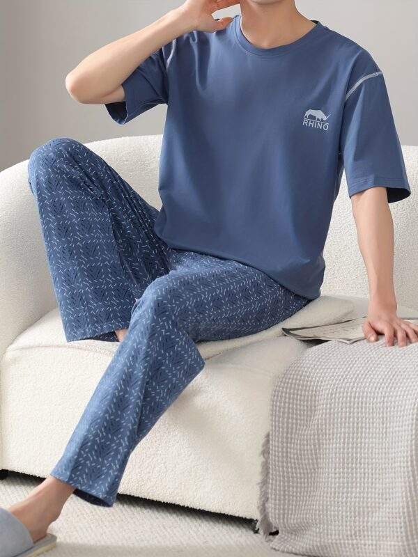 Men's Summer Cotton Pajama Set - Lightweight, Breathable Short Sleeve & Long Pants with Pockets, Casual Round Neck Sleepwear, Plus Size, Home Wear - Image 2