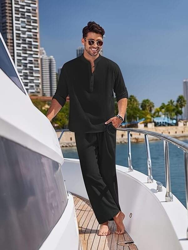 Men'S 2pcs Cotton Sweatsuit Set Casual Henley Long Sleeve Shirt and Beach Trousers with Pockets Yoga Outfit Solid Color Non-Stretch Woven Fabric Spring/Fall Button Details Regular Fit - Image 4